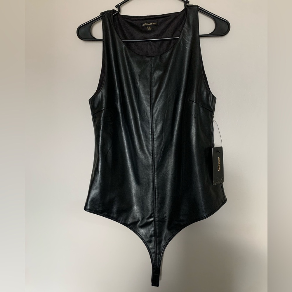 Shinestar Black Faux Leather Bodysuit